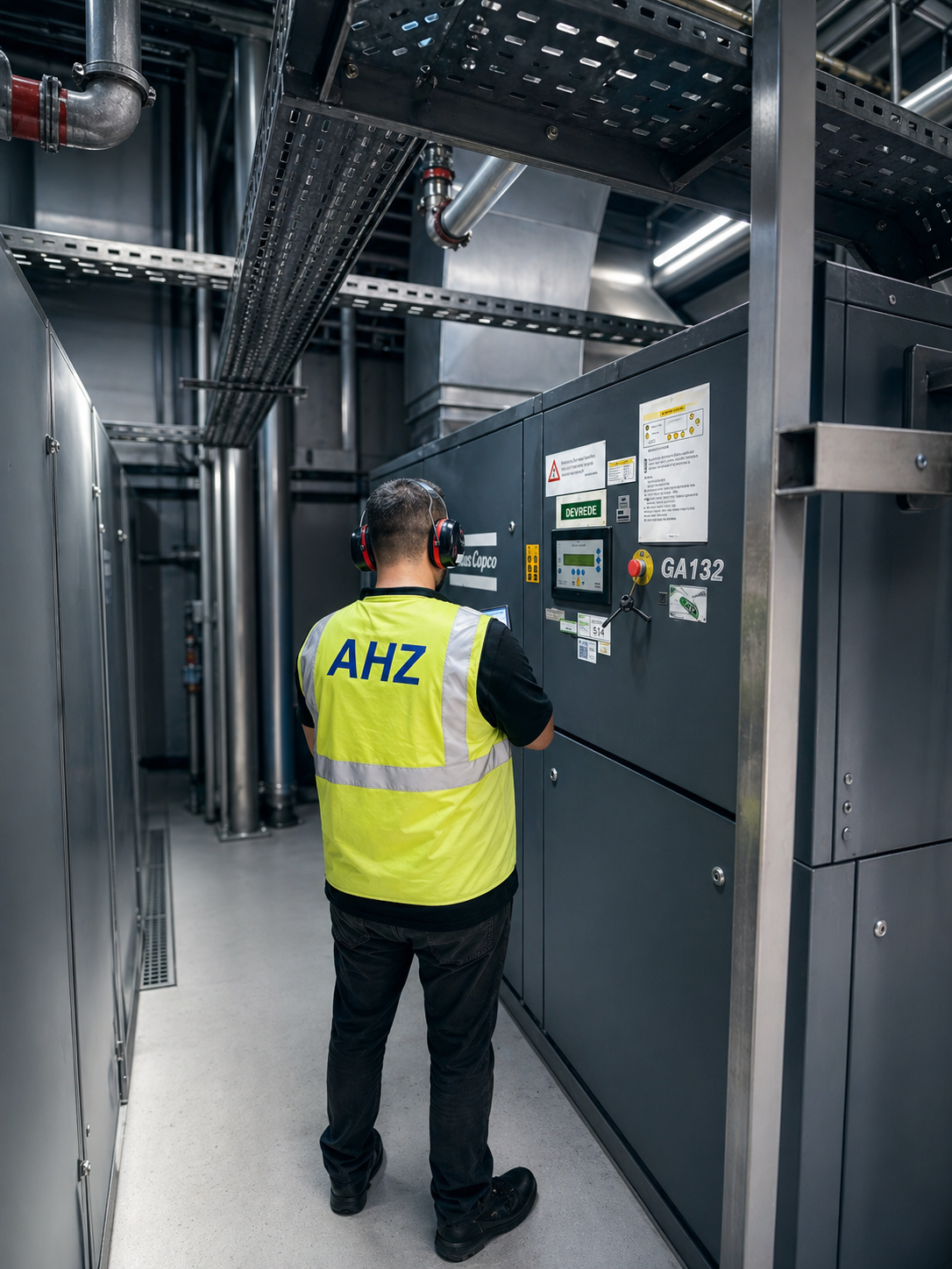 AHZ Endüstriyel mühendisi kompresör dairesinde basınçlı hava enerji verimliliği analizi yapıyor