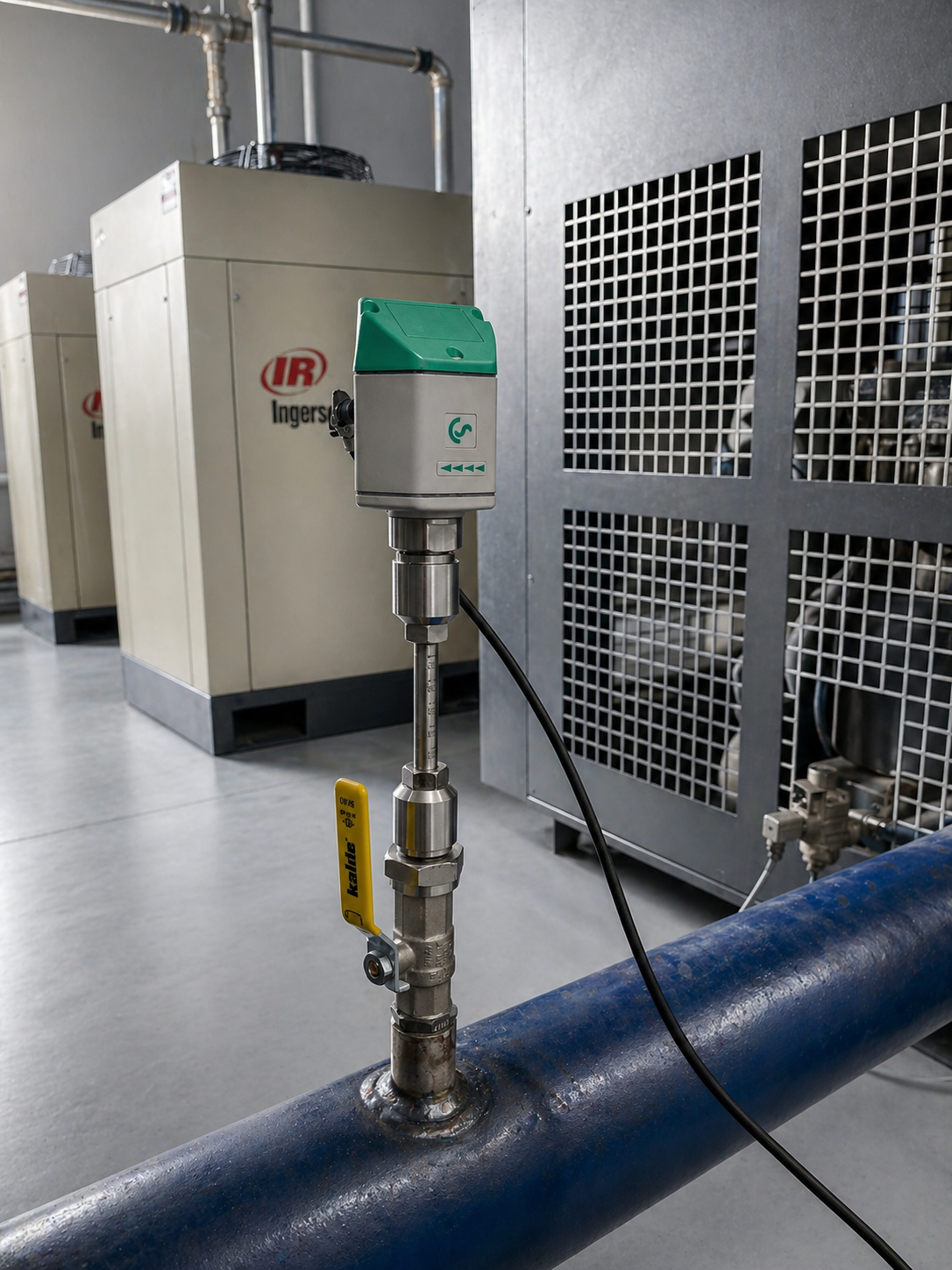 Basınçlı hava hattına monte edilmiş debi ölçüm sensörü