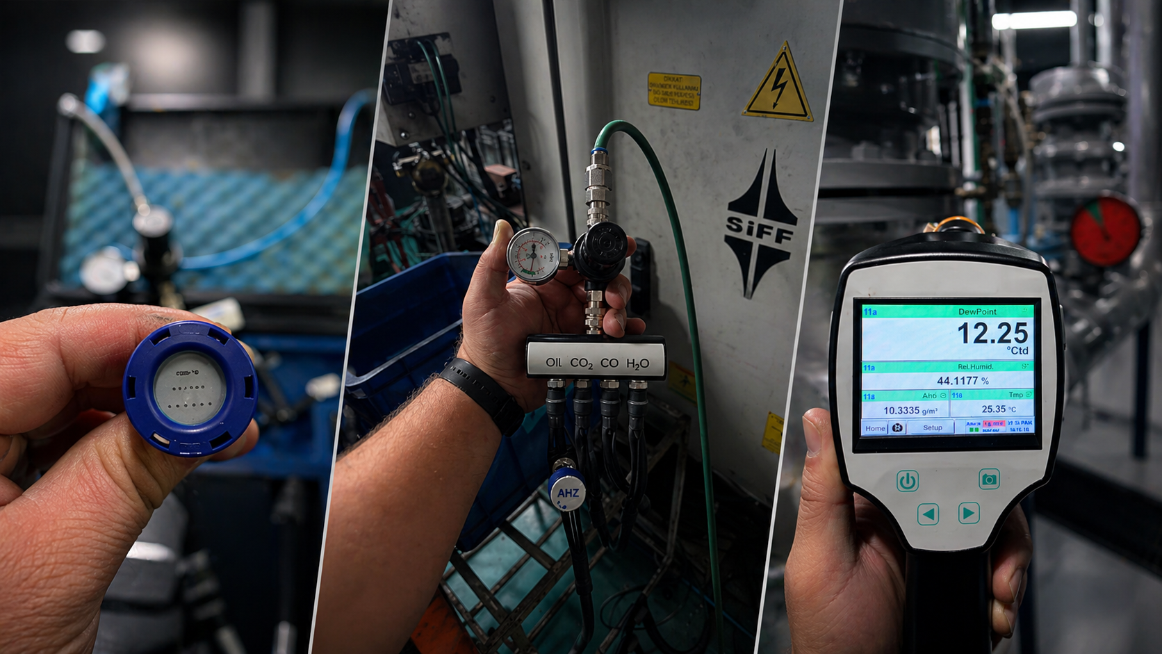 Basınçlı hava kalite analizi: partikül sensörü, çoklu gaz/yağ ölçüm manifoldu ve çiğlenme noktası ölçüm cihazı