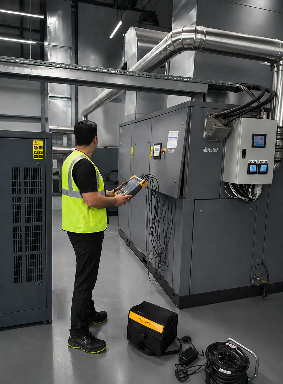 AHZ Endüstriyel mühendisi kompresör üzerinde güç kalitesi ve enerji verimliliği ölçümü yapıyor