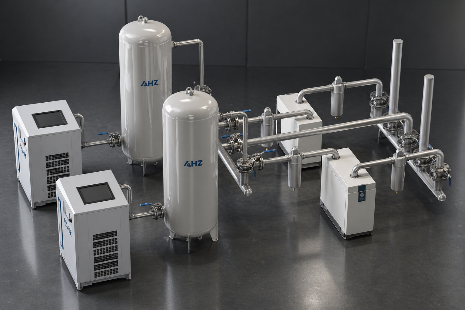 AHZ Endüstriyel basınçlı hava sistem tasarımı: kompresör, kurutucu, hava tankı, filtre ve paslanmaz kollektör hattı